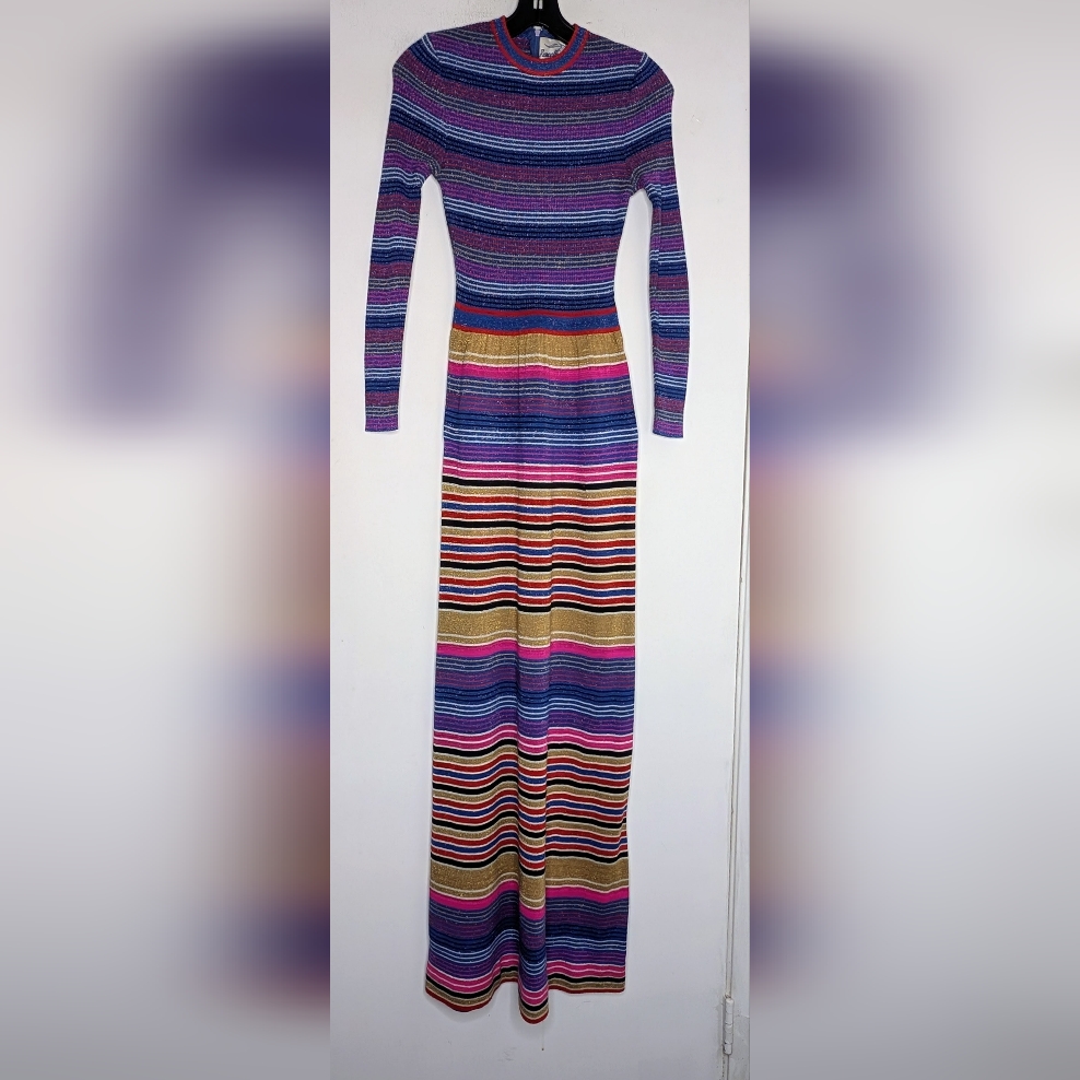 Vintage 70s Roncelli Lurex Knit Metallic Stripe Maxi Dress Size 7